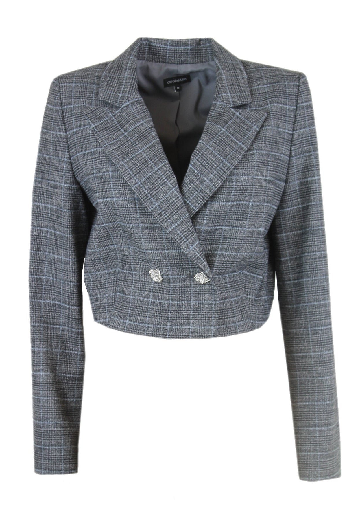 Korte gevoerde blazer van Caroline Biss met grijze ruit, merkkleding met korting bij Rosa Fashion Outlet