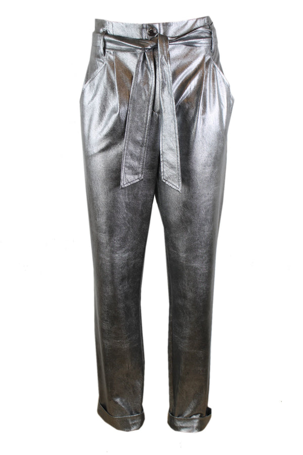 Caroline Biss zilvergrijze broek met strikband.