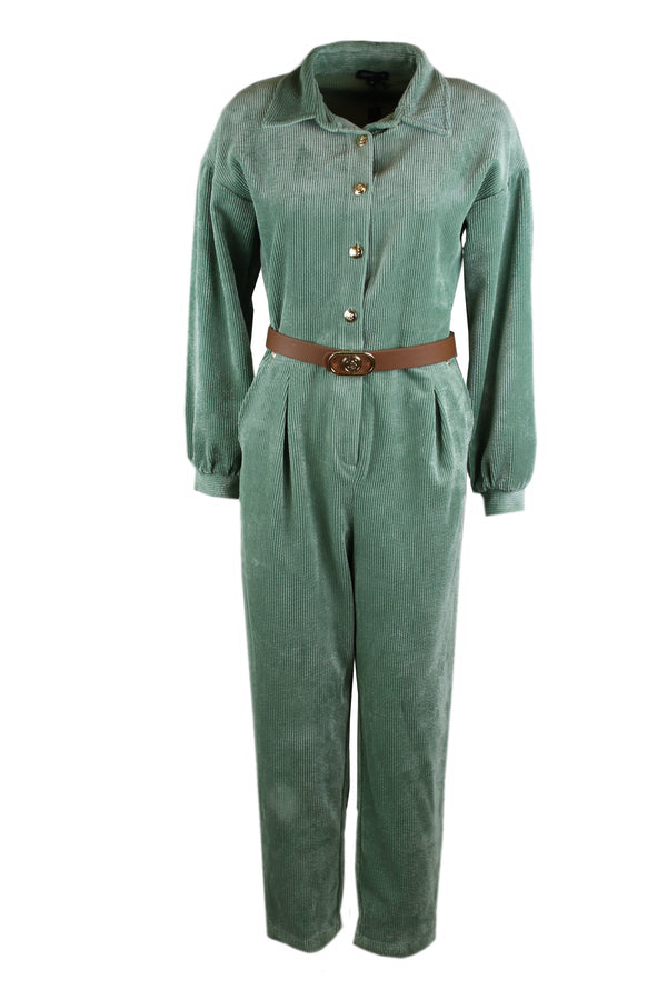 Caroline Biss jumpsuit in ribfluweel, verkrijgbaar in zeegroen en lichtbruin.