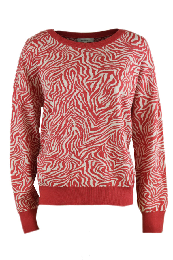 Sandwich trui, verkrijgbaar in roze-offwhite en grijs-offwhite.