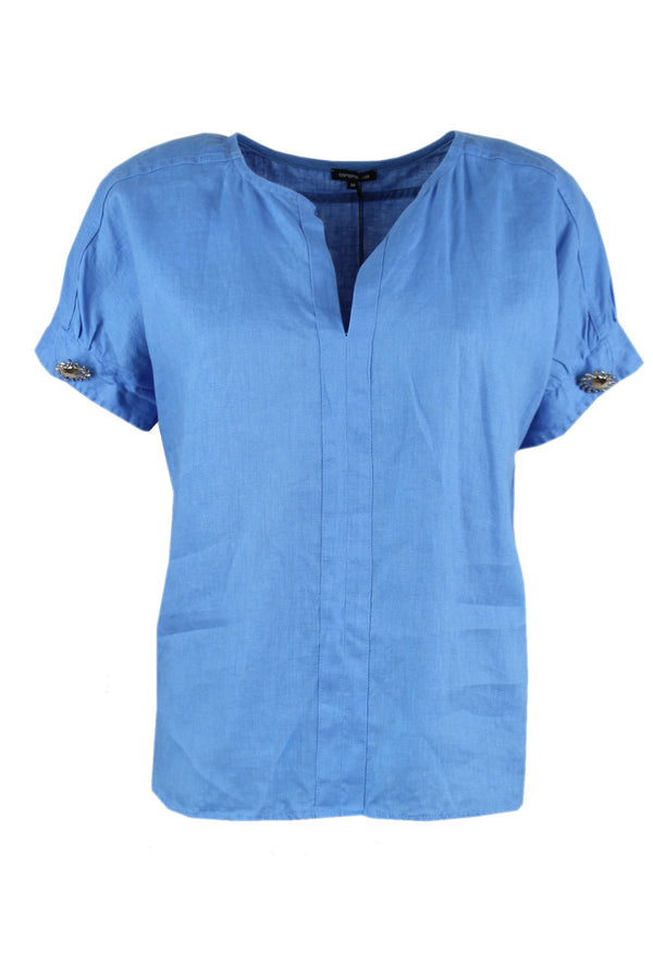 Caroline Biss blouse van 100% linnen, verkrijgbaar in de kleuren korenblauw en wit.