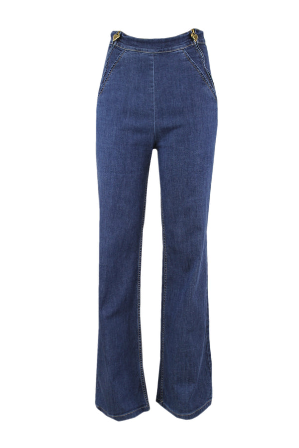 Caroline Biss denim met schuine ritsen aan de zijkanten.