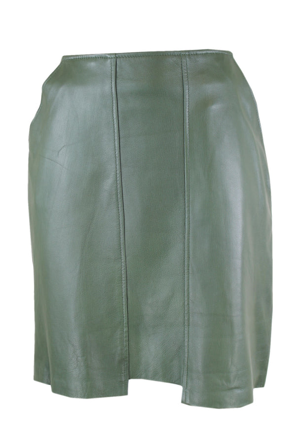 Caroline Biss leren rok in de kleuren groen en bruin.