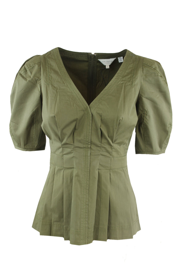 Ted Baker Stitch detail puff sleeve top, khaki, white, purple.