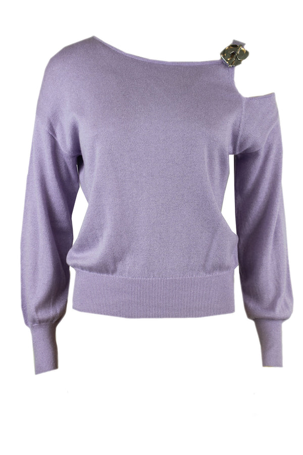 Caroline Biss trui met open schouder en verkrijgbaar in de kleuren Lila en Blauw.