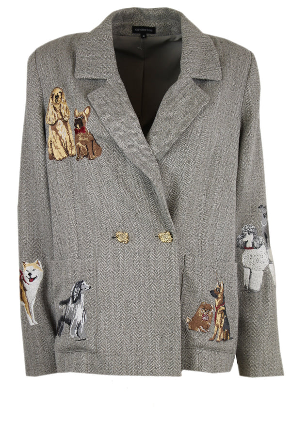 Caroline Biss blazer met diverse honden afbeeldingen.