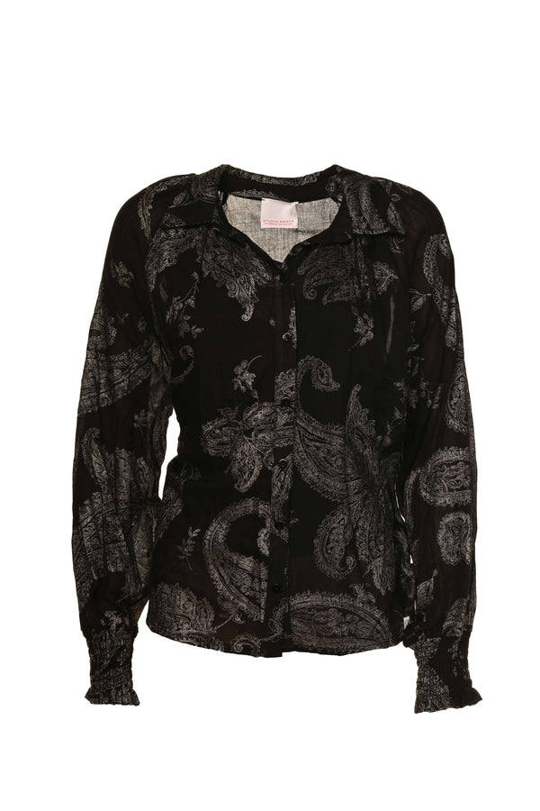 Amaya zwarte blouse met een zilverkleurige print.