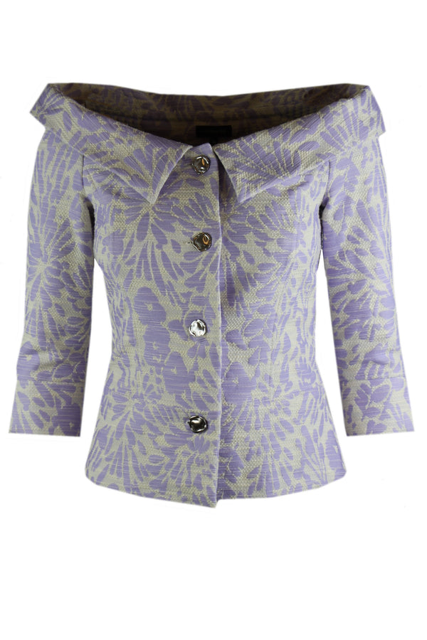 Caroline biss blouse met boothals, verkrijgbaar in de kleuren lila en geel.